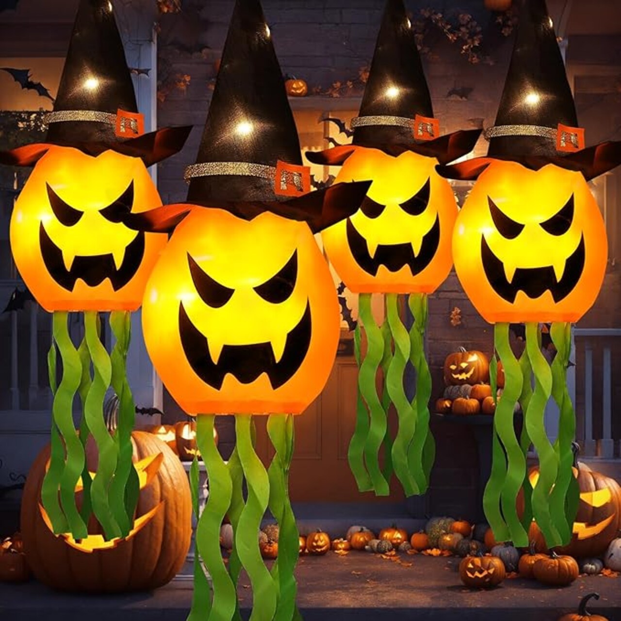 Hanging Lighted Glowing Pumpkin Witch Hat with 3 Modes Lighted Up Scary Orange Halloween Decorations for Indoor Outside Party Yard Tree Garden (4Pcs)